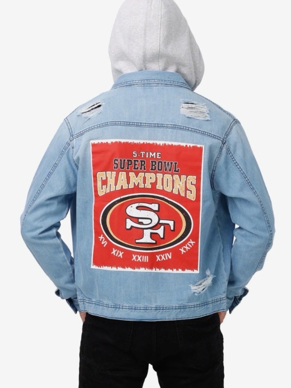Light Blue Denim Jacket with Red San Francisco 49ers Back Patch